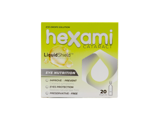 Dung dịch nhỏ mắt Hexami Cataract hỗ trợ điều trị, làm giảm và làm chậm đục thủy tinh thể do tuổi tác (Hộp 4 vỉ x 5 ống 1ml)